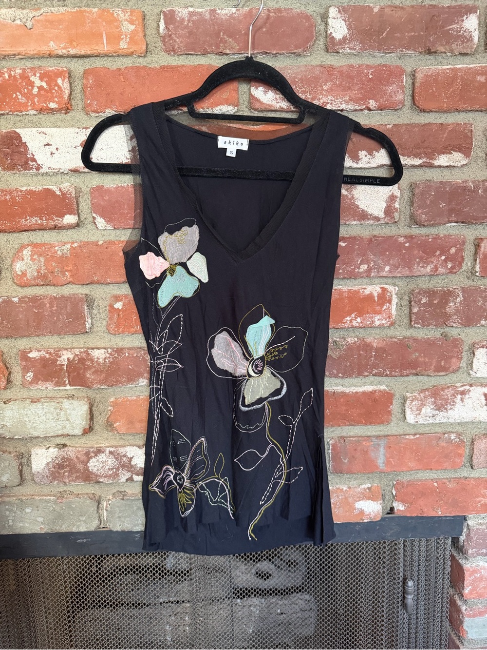 Akiko Black Sleeveless Tank with Pastel Floral Appliqué
